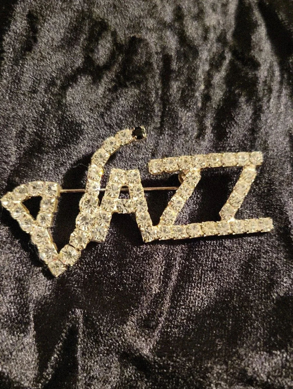 Rhinestone JAZZ Saxaphone Statement Brooch - Clear Crystal